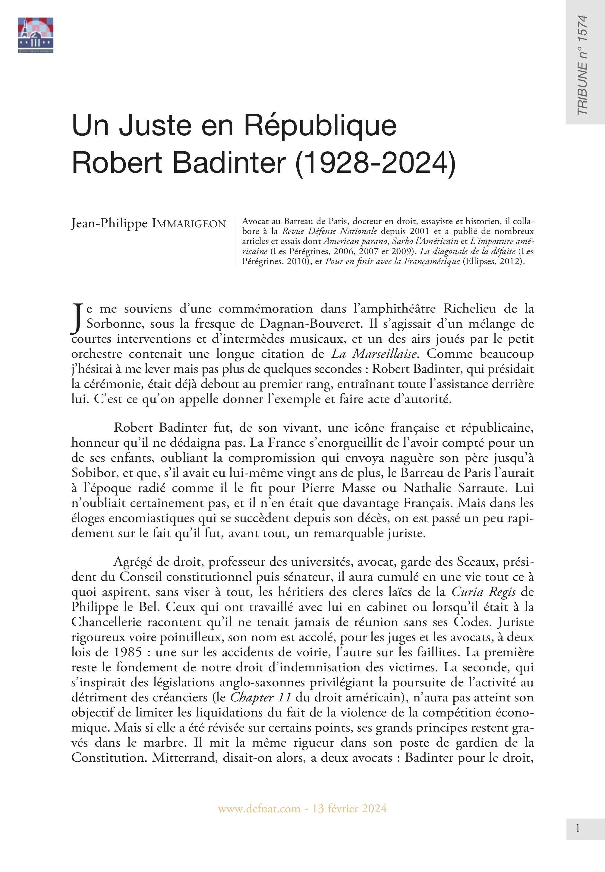 In memoriam – Un Juste en République : Robert Badinter (1928-2024) (T 1574)
